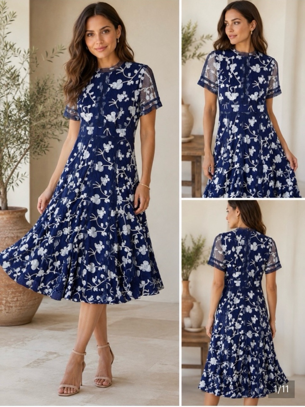 ANTONIO MELANI Navy and White Floral Lace Midi Dress